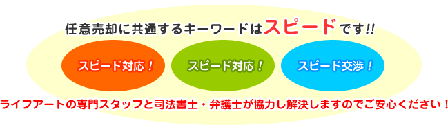 任意売却に共通するキーワードはスピードです!!ライフアートの専門スタッフと司法書士・弁護士が協力し解決しますのでご安心ください！